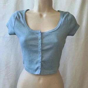 Hesperus crop top with front mock button in heart shape down front, cap sleeve